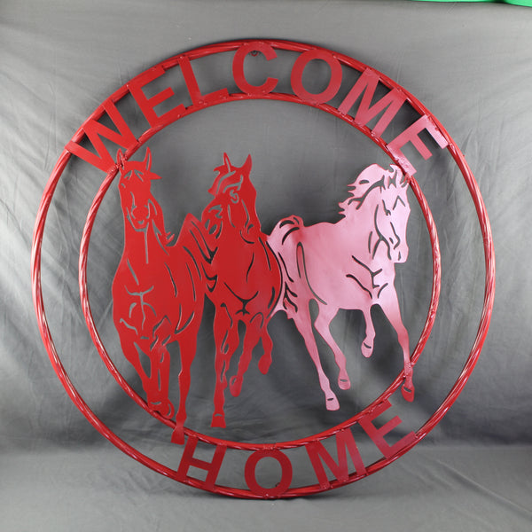 WELCOME RUNNING HORSES RUSTIC RED METAL WALL ART SIGN WESTERN HOME DECOR HANDMADE NEW #EH12719