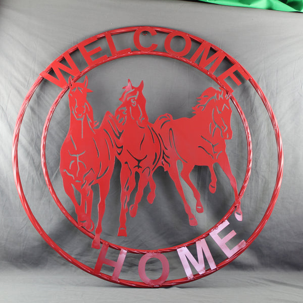 WELCOME RUNNING HORSES RUSTIC RED METAL WALL ART SIGN WESTERN HOME DECOR HANDMADE NEW #EH12719