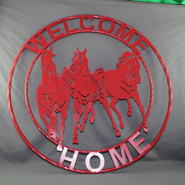 WELCOME RUNNING HORSES RUSTIC RED METAL WALL ART SIGN WESTERN HOME DECOR HANDMADE NEW #EH12719