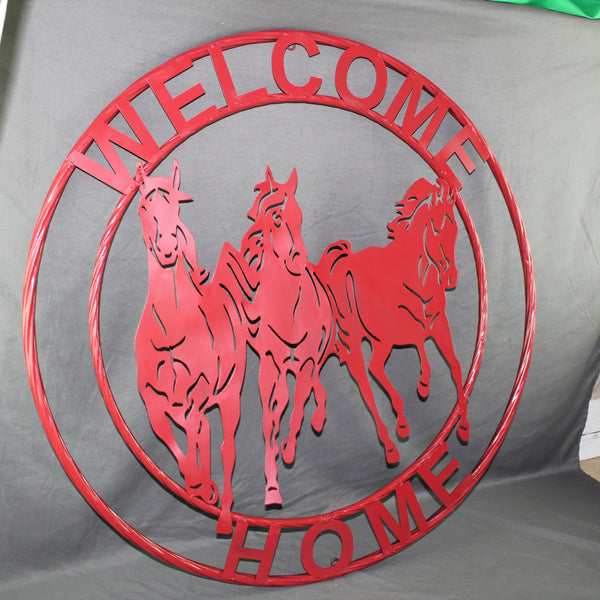 WELCOME RUNNING HORSES RUSTIC RED METAL WALL ART SIGN WESTERN HOME DECOR HANDMADE NEW #EH12719