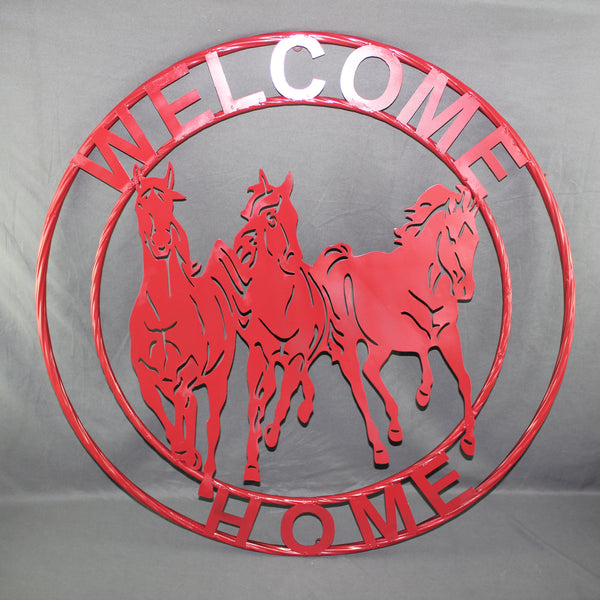 WELCOME RUNNING HORSES RUSTIC RED METAL WALL ART SIGN WESTERN HOME DECOR HANDMADE NEW #EH12719