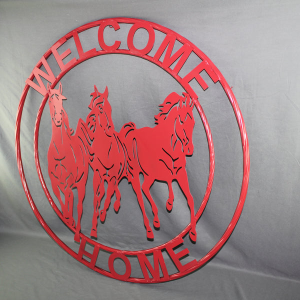 WELCOME RUNNING HORSES RUSTIC RED METAL WALL ART SIGN WESTERN HOME DECOR HANDMADE NEW #EH12719