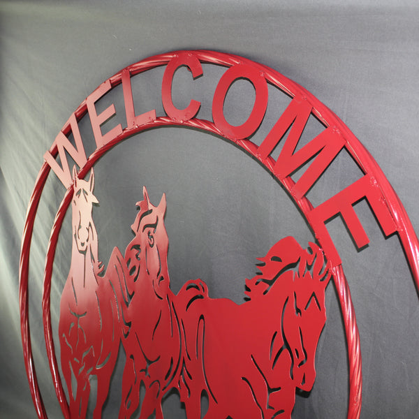 WELCOME RUNNING HORSES RUSTIC RED METAL WALL ART SIGN WESTERN HOME DECOR HANDMADE NEW #EH12719