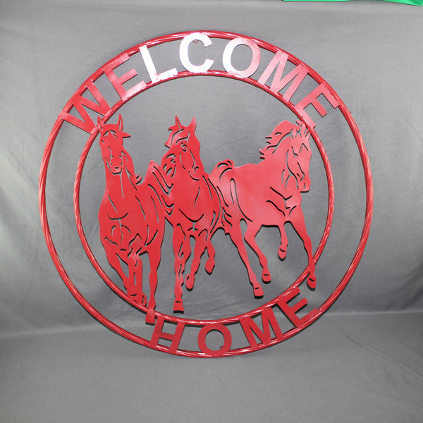 WELCOME RUNNING HORSES RUSTIC RED METAL WALL ART SIGN WESTERN HOME DECOR HANDMADE NEW #EH12719