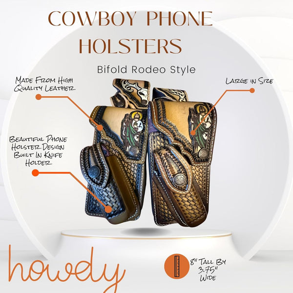 JESUS LEATHER HOLSTER PHONE POUCH WITH KNIFE HOLDER FRONT EXTRA LARGE  BELT LOOP CELL PHONE CASE UNIVERSAL OVERSIZE #EH12978