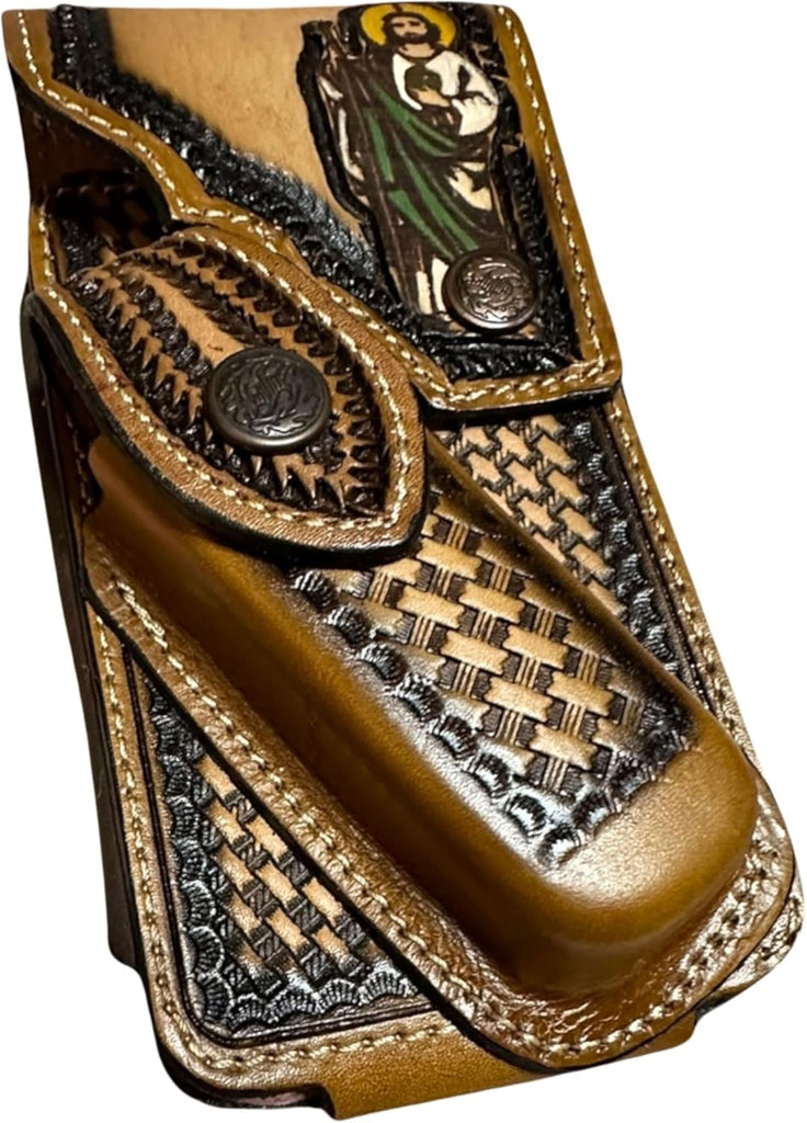 JESUS LEATHER HOLSTER PHONE POUCH WITH KNIFE HOLDER FRONT EXTRA LARGE  BELT LOOP CELL PHONE CASE UNIVERSAL OVERSIZE #EH12978