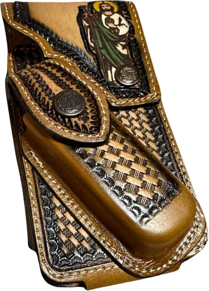 JESUS LEATHER HOLSTER PHONE POUCH WITH KNIFE HOLDER FRONT EXTRA LARGE  BELT LOOP CELL PHONE CASE UNIVERSAL OVERSIZE #EH12978