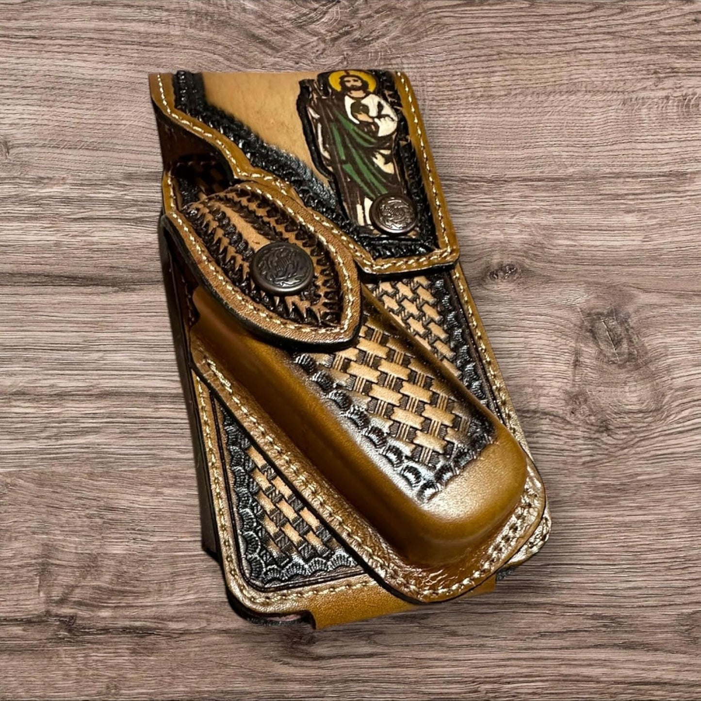 JESUS LEATHER HOLSTER PHONE POUCH WITH KNIFE HOLDER FRONT EXTRA LARGE  BELT LOOP CELL PHONE CASE UNIVERSAL OVERSIZE #EH12978