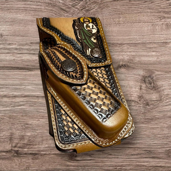 JESUS LEATHER HOLSTER PHONE POUCH WITH KNIFE HOLDER FRONT EXTRA LARGE  BELT LOOP CELL PHONE CASE UNIVERSAL OVERSIZE #EH12978