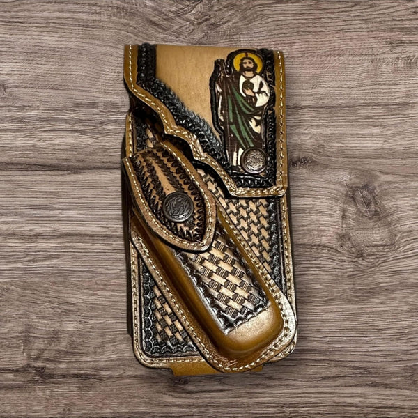 JESUS LEATHER HOLSTER PHONE POUCH WITH KNIFE HOLDER FRONT EXTRA LARGE  BELT LOOP CELL PHONE CASE UNIVERSAL OVERSIZE #EH12978