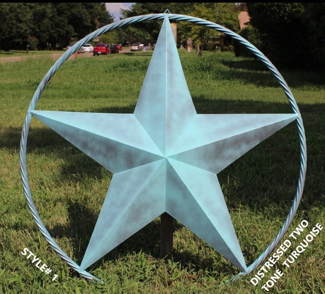 #EH10486 TURQUOISE DISTRESSED LIGHT TWO TONE BARN STAR METAL LONESTAR TWISTED ROPE RING WETSERN HOME DECOR HANDMADE NEW