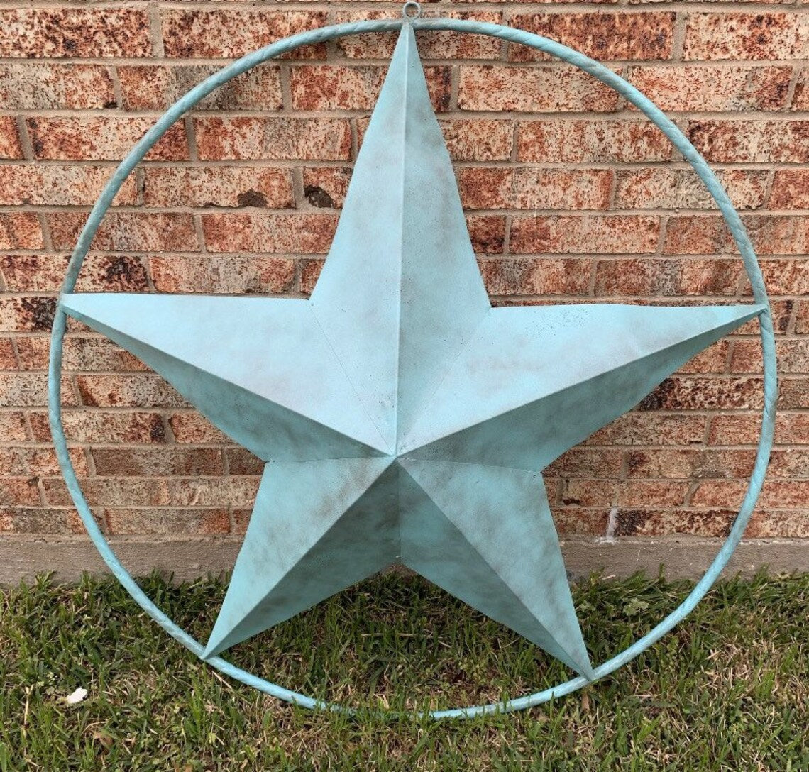#EH10486 TURQUOISE DISTRESSED LIGHT TWO TONE BARN STAR METAL LONESTAR TWISTED ROPE RING WETSERN HOME DECOR HANDMADE NEW