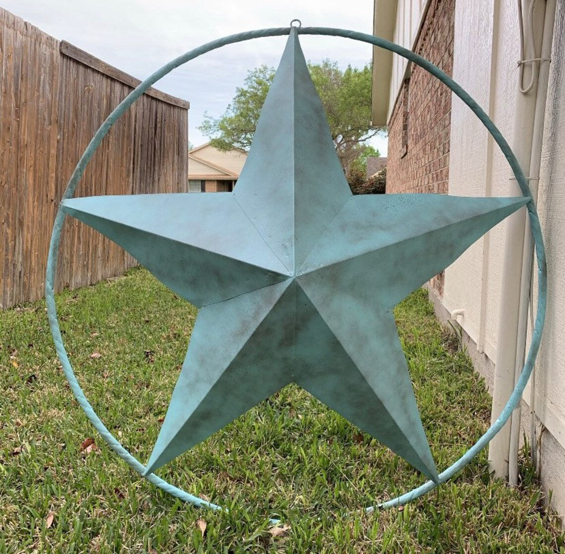 #EH10486 TURQUOISE DISTRESSED LIGHT TWO TONE BARN STAR METAL LONESTAR TWISTED ROPE RING WETSERN HOME DECOR HANDMADE NEW