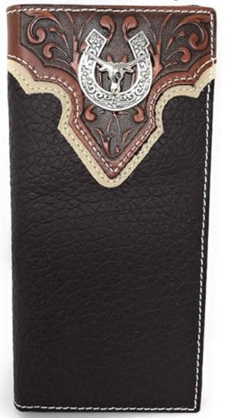 LONGHORNS GENUINE LEATHER BLACK WESTERN CHECKBOOK MEN'S WALLET WESTERN FASHION #EH13166