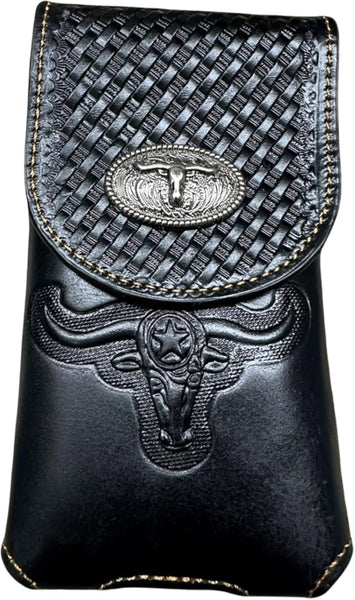 7" LONGHORNS LEATHER PHONE HOLSTER POUCH EXTRA LARGE  BELT LOOP CELL PHONE CASE UNIVERSAL OVERSIZE #EH12698