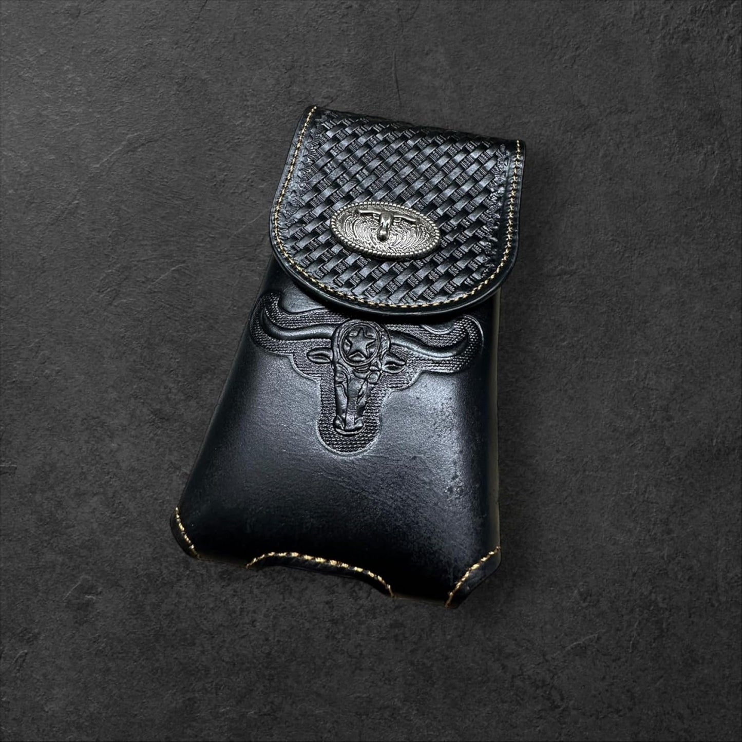 7" LONGHORNS LEATHER PHONE HOLSTER POUCH EXTRA LARGE  BELT LOOP CELL PHONE CASE UNIVERSAL OVERSIZE #EH12698