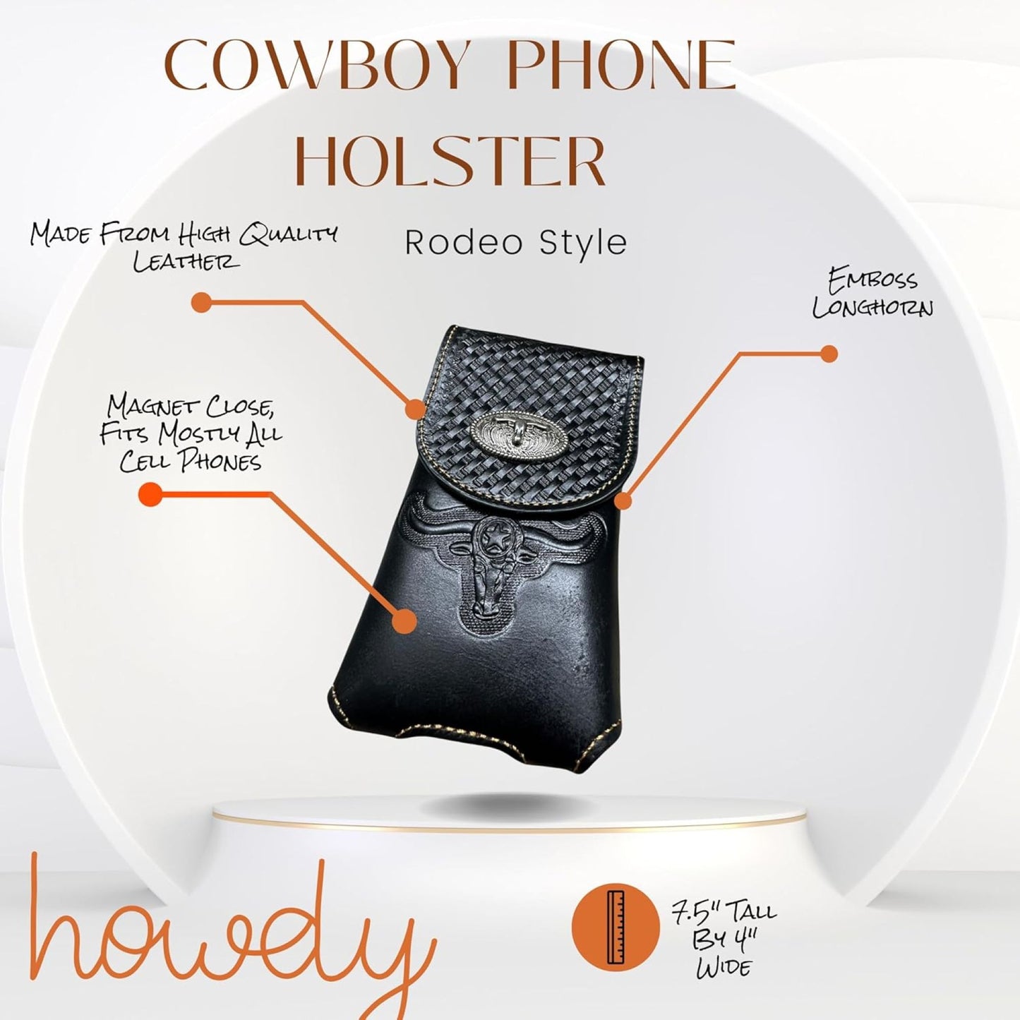 7" LONGHORNS LEATHER PHONE HOLSTER POUCH EXTRA LARGE  BELT LOOP CELL PHONE CASE UNIVERSAL OVERSIZE #EH12698