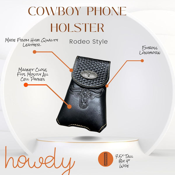 7" LONGHORNS LEATHER PHONE HOLSTER POUCH EXTRA LARGE  BELT LOOP CELL PHONE CASE UNIVERSAL OVERSIZE #EH12698