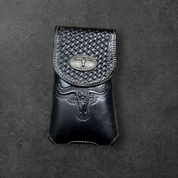 7" LONGHORNS LEATHER PHONE HOLSTER POUCH EXTRA LARGE  BELT LOOP CELL PHONE CASE UNIVERSAL OVERSIZE #EH12698