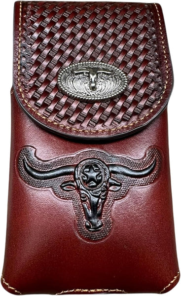 7" LONGHORNS LEATHER PHONE HOLSTER POUCH EXTRA LARGE  BELT LOOP CELL PHONE CASE UNIVERSAL OVERSIZE #EH12698