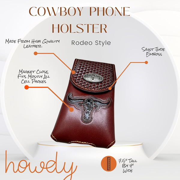 7" LONGHORNS LEATHER PHONE HOLSTER POUCH EXTRA LARGE  BELT LOOP CELL PHONE CASE UNIVERSAL OVERSIZE #EH12698