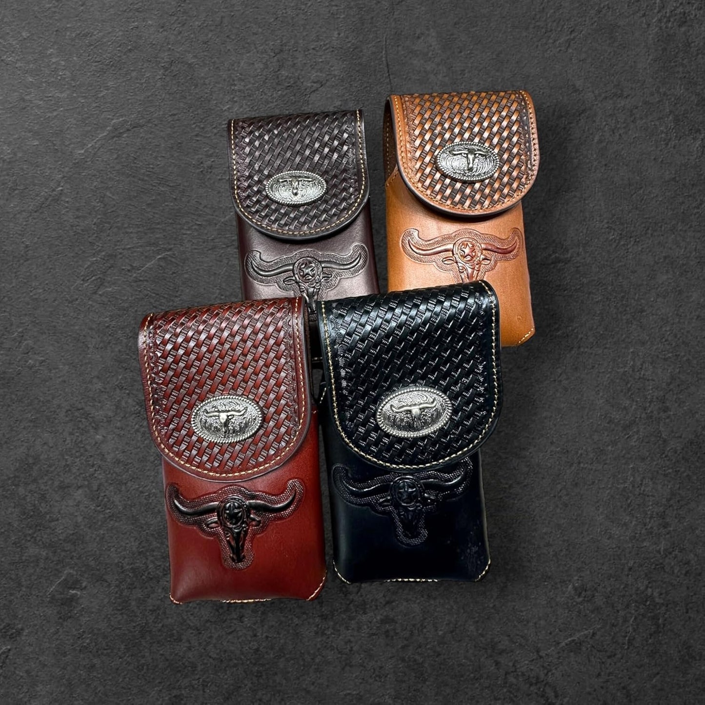 7" LONGHORNS LEATHER PHONE HOLSTER POUCH EXTRA LARGE  BELT LOOP CELL PHONE CASE UNIVERSAL OVERSIZE #EH12698