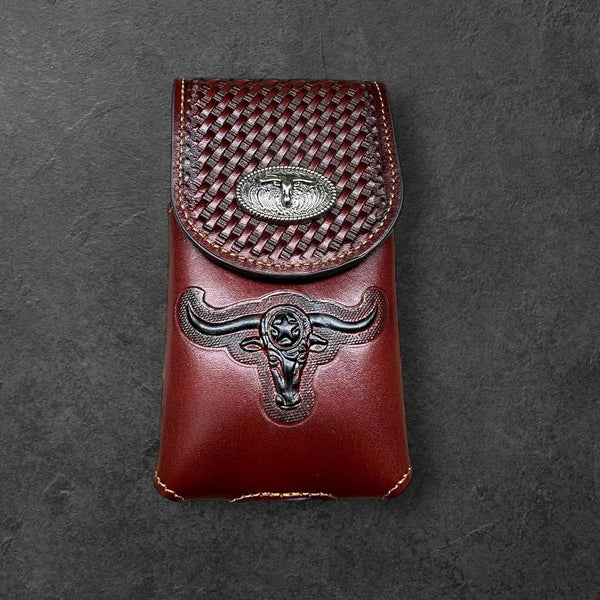 7" LONGHORNS LEATHER PHONE HOLSTER POUCH EXTRA LARGE  BELT LOOP CELL PHONE CASE UNIVERSAL OVERSIZE #EH12698