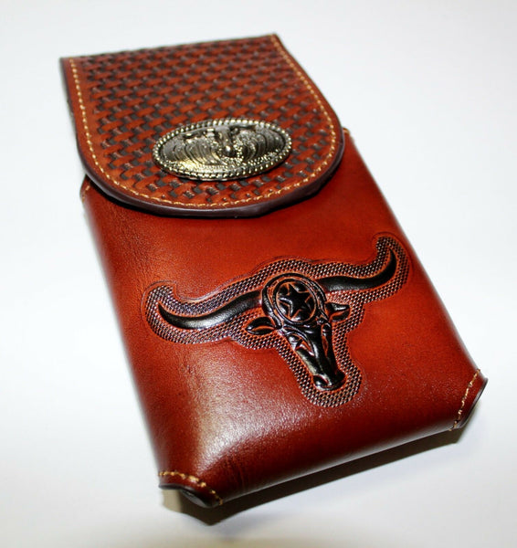 7" LONGHORNS LEATHER PHONE HOLSTER POUCH EXTRA LARGE  BELT LOOP CELL PHONE CASE UNIVERSAL OVERSIZE #EH12698