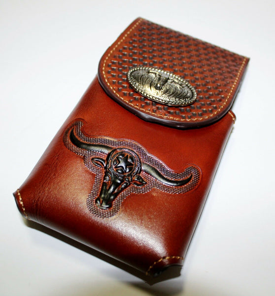 7" LONGHORNS LEATHER PHONE HOLSTER POUCH EXTRA LARGE  BELT LOOP CELL PHONE CASE UNIVERSAL OVERSIZE #EH12698