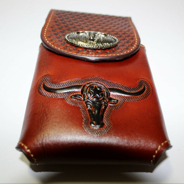 7" LONGHORNS LEATHER PHONE HOLSTER POUCH EXTRA LARGE  BELT LOOP CELL PHONE CASE UNIVERSAL OVERSIZE #EH12698