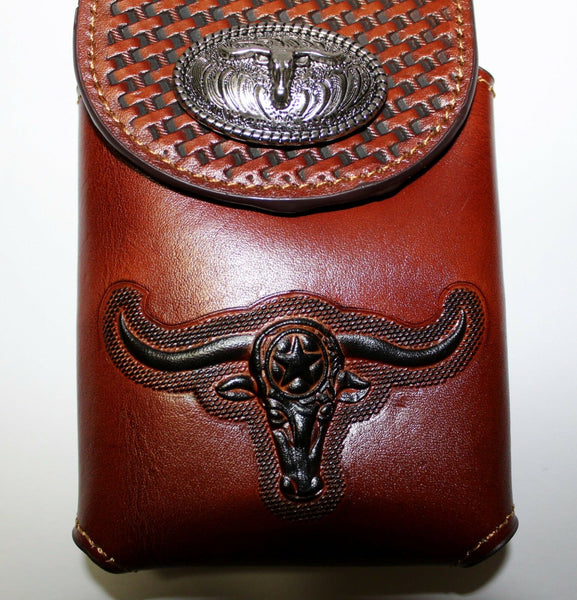 7" LONGHORNS LEATHER PHONE HOLSTER POUCH EXTRA LARGE  BELT LOOP CELL PHONE CASE UNIVERSAL OVERSIZE #EH12698