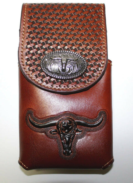 7" LONGHORNS LEATHER PHONE HOLSTER POUCH EXTRA LARGE  BELT LOOP CELL PHONE CASE UNIVERSAL OVERSIZE #EH12698