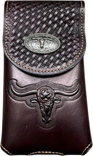 7" LONGHORNS LEATHER PHONE HOLSTER POUCH EXTRA LARGE  BELT LOOP CELL PHONE CASE UNIVERSAL OVERSIZE #EH12698