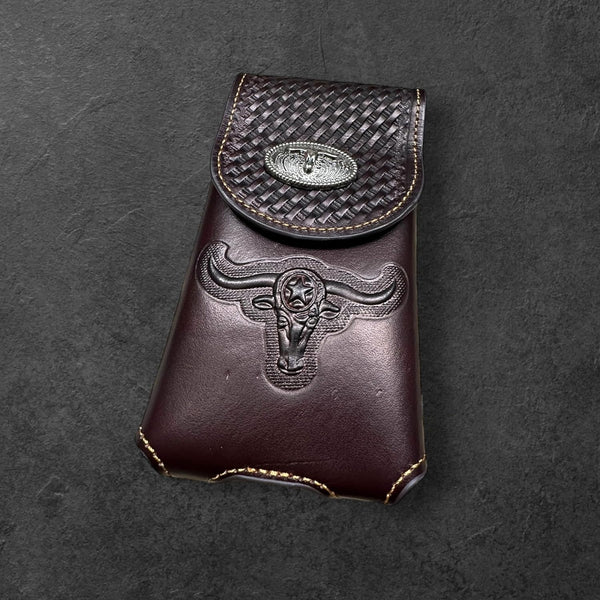 7" LONGHORNS LEATHER PHONE HOLSTER POUCH EXTRA LARGE  BELT LOOP CELL PHONE CASE UNIVERSAL OVERSIZE #EH12698
