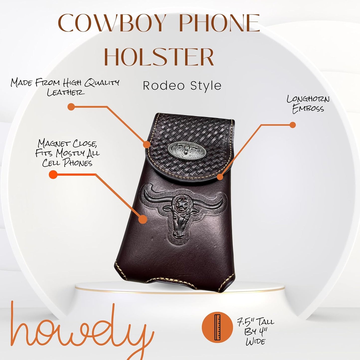 7" LONGHORNS LEATHER PHONE HOLSTER POUCH EXTRA LARGE  BELT LOOP CELL PHONE CASE UNIVERSAL OVERSIZE #EH12698
