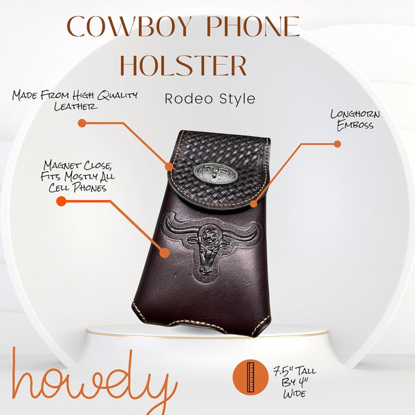 7" LONGHORNS LEATHER PHONE HOLSTER POUCH EXTRA LARGE  BELT LOOP CELL PHONE CASE UNIVERSAL OVERSIZE #EH12698