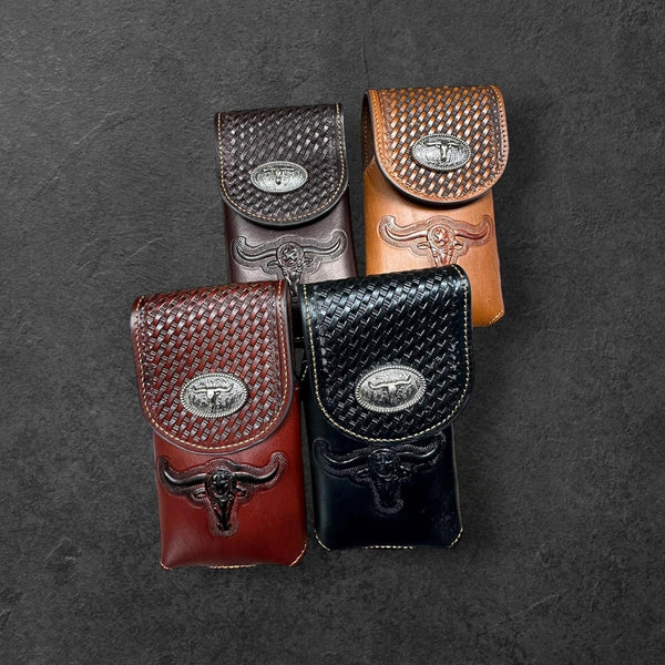 7" LONGHORNS LEATHER PHONE HOLSTER POUCH EXTRA LARGE  BELT LOOP CELL PHONE CASE UNIVERSAL OVERSIZE #EH12698