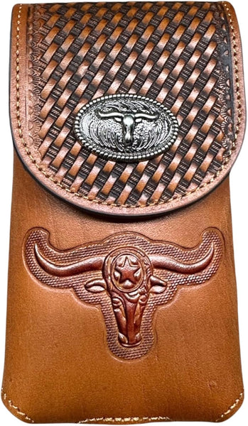7" LONGHORNS LEATHER PHONE HOLSTER POUCH EXTRA LARGE  BELT LOOP CELL PHONE CASE UNIVERSAL OVERSIZE #EH12698