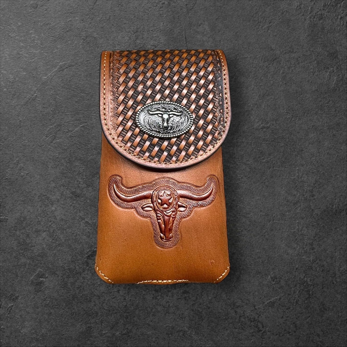 7" LONGHORNS LEATHER PHONE HOLSTER POUCH EXTRA LARGE  BELT LOOP CELL PHONE CASE UNIVERSAL OVERSIZE #EH12698