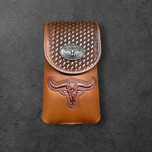 7" LONGHORNS LEATHER PHONE HOLSTER POUCH EXTRA LARGE  BELT LOOP CELL PHONE CASE UNIVERSAL OVERSIZE #EH12698