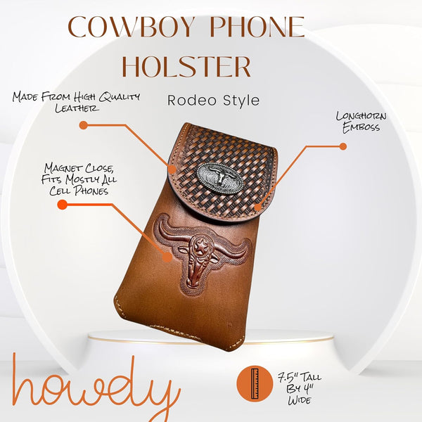 7" LONGHORNS LEATHER PHONE HOLSTER POUCH EXTRA LARGE  BELT LOOP CELL PHONE CASE UNIVERSAL OVERSIZE #EH12698