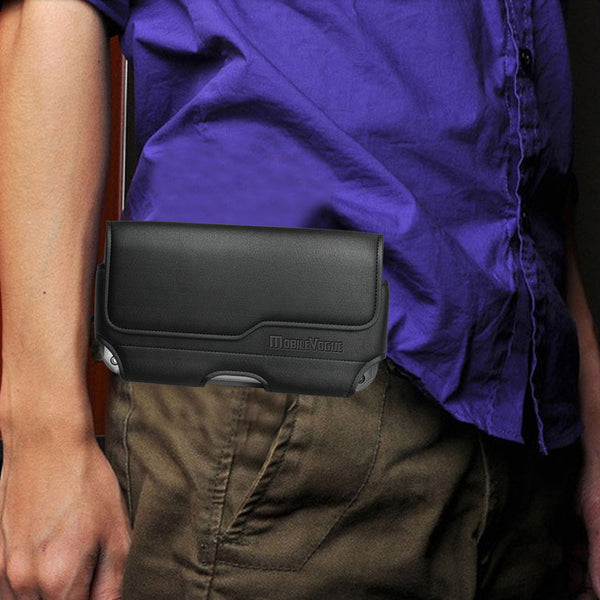MV385-BK VERTICAL LEATHER POUCH WITH MAGNETIC CLOSURE AND BELT LOOP IN BLACK -- FREE SHIPPING