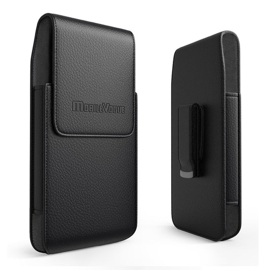 MV385-BK VERTICAL LEATHER POUCH WITH MAGNETIC CLOSURE AND BELT LOOP IN BLACK -- FREE SHIPPING