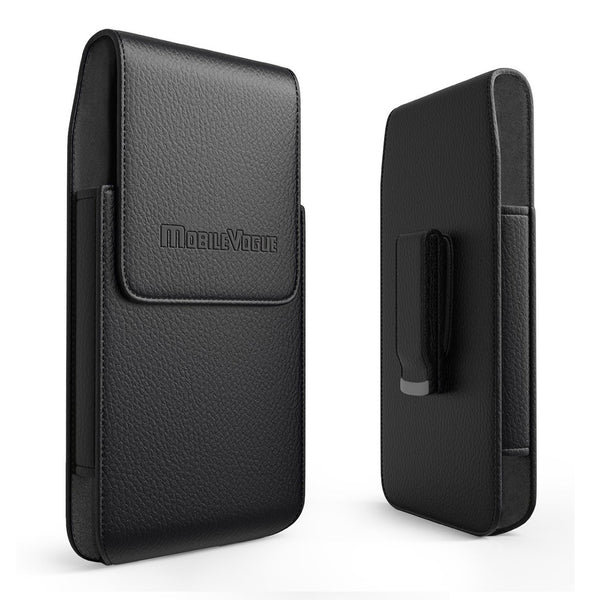 MV385-BK VERTICAL LEATHER POUCH WITH MAGNETIC CLOSURE AND BELT LOOP IN BLACK -- FREE SHIPPING