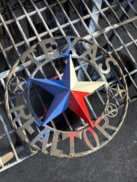 REALTOR STYLE YOUR CUSTOM NAME STAR METAL BARN 3d RED WHITE BLUE WITH BRONZE TWIST ROPE RING WESTERN HOME DECOR HANDMADE  18",24",32"