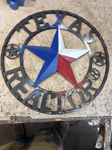 REALTOR STYLE YOUR CUSTOM NAME STAR METAL BARN 3d RED WHITE BLUE WITH BRONZE TWIST ROPE RING WESTERN HOME DECOR HANDMADE  18",24",32"