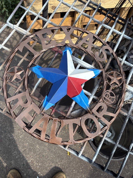 REALTOR STYLE YOUR CUSTOM NAME STAR METAL BARN 3d RED WHITE BLUE WITH BRONZE TWIST ROPE RING WESTERN HOME DECOR HANDMADE  18",24",32"