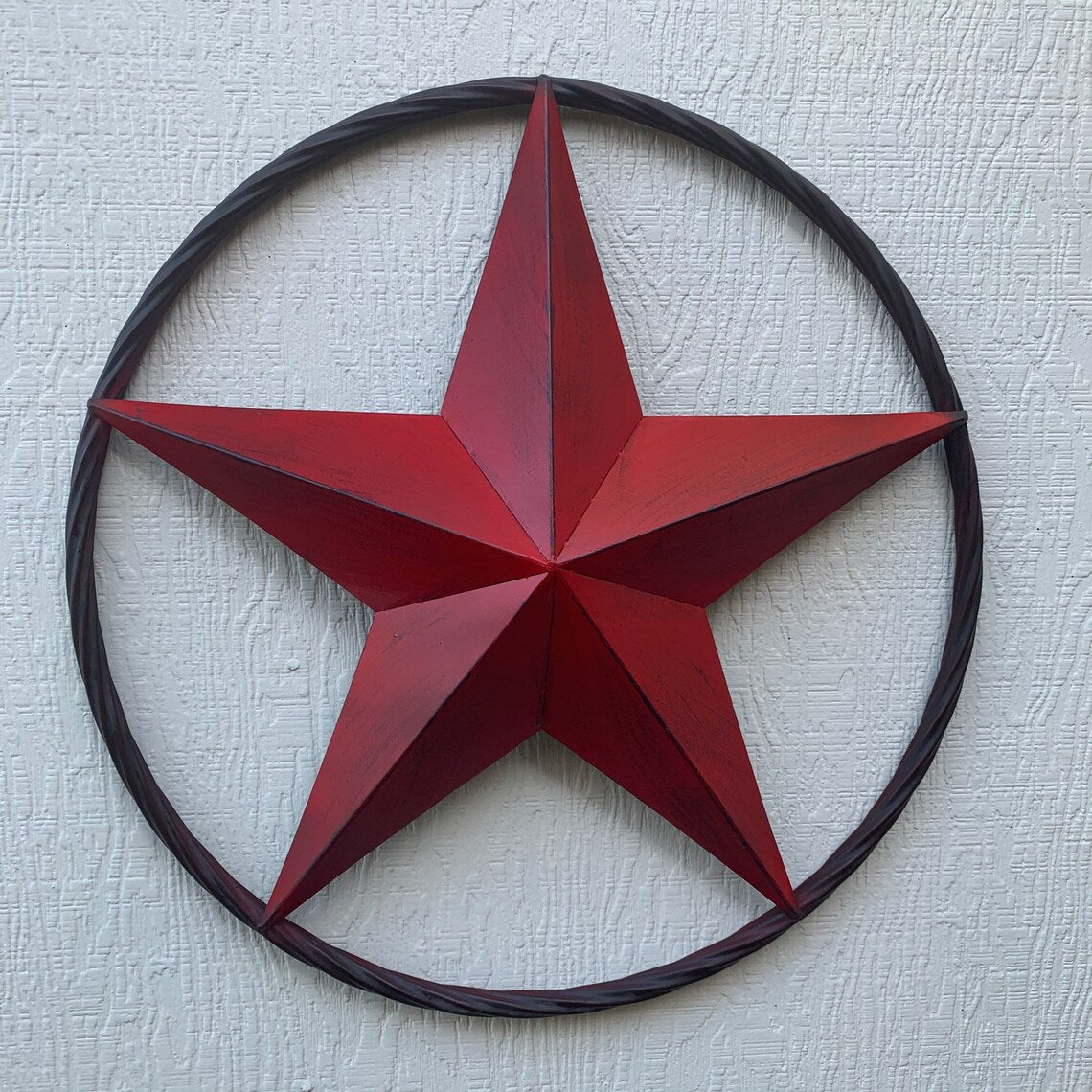 ITEM#EH10629 RED DISTRESSED BARN STAR 3" TO 96" METAL LONE STAR TWISTED ROPE RING WESTERN HOME DECOR HANDMADE NEW