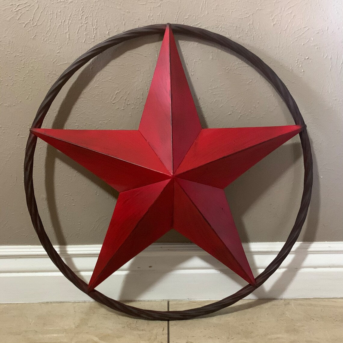 ITEM#EH10629 RED DISTRESSED BARN STAR 3" TO 96" METAL LONE STAR TWISTED ROPE RING WESTERN HOME DECOR HANDMADE NEW