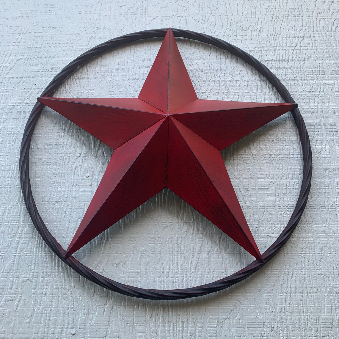 ITEM#EH10629 RED DISTRESSED BARN STAR 3" TO 96" METAL LONE STAR TWISTED ROPE RING WESTERN HOME DECOR HANDMADE NEW